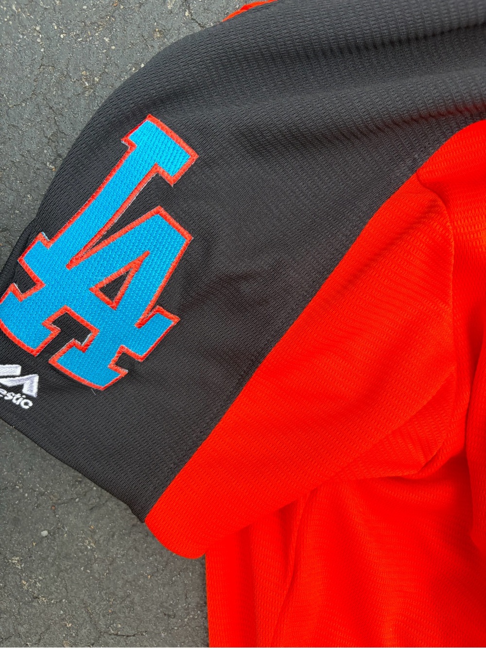 Majestic Red and Black LA Logo Athletic Jersey with Teal Trim